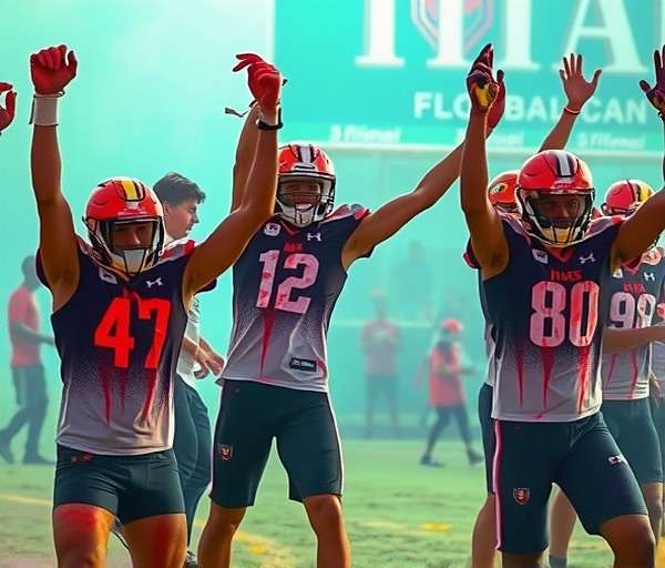 Fiesta Football Titans Holi Celebration Fiesta Football Titans Holi event with players covered in colored powder celebrating a goal