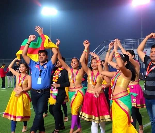 Fiesta Football Titans Navratri Celebration Fiesta Football Titans Navratri event with players performing Garba dance celebrations after scoring